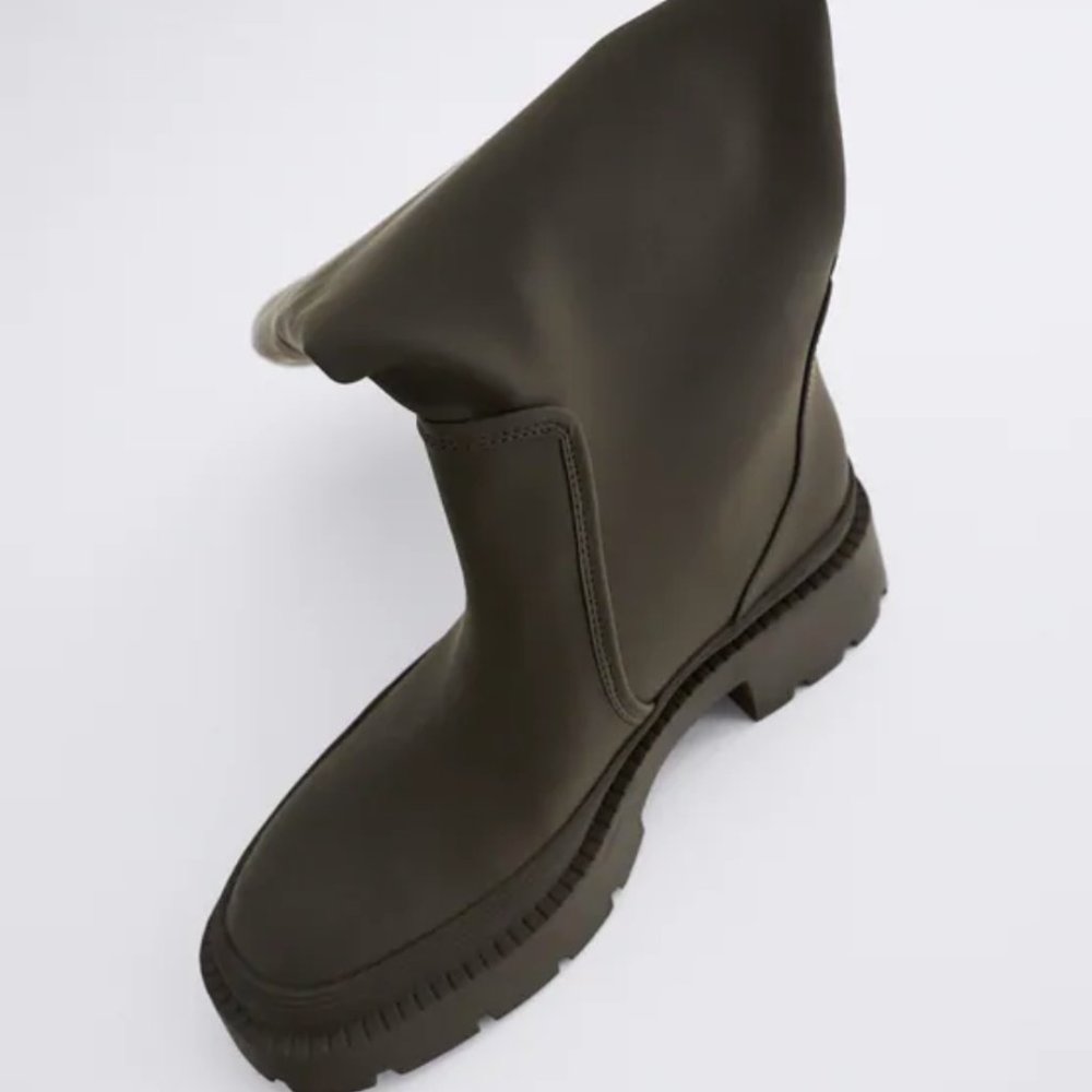 NWT Zara Low Heeled Khaki Green Rubberized Boots 8 - Picture 6 of 8